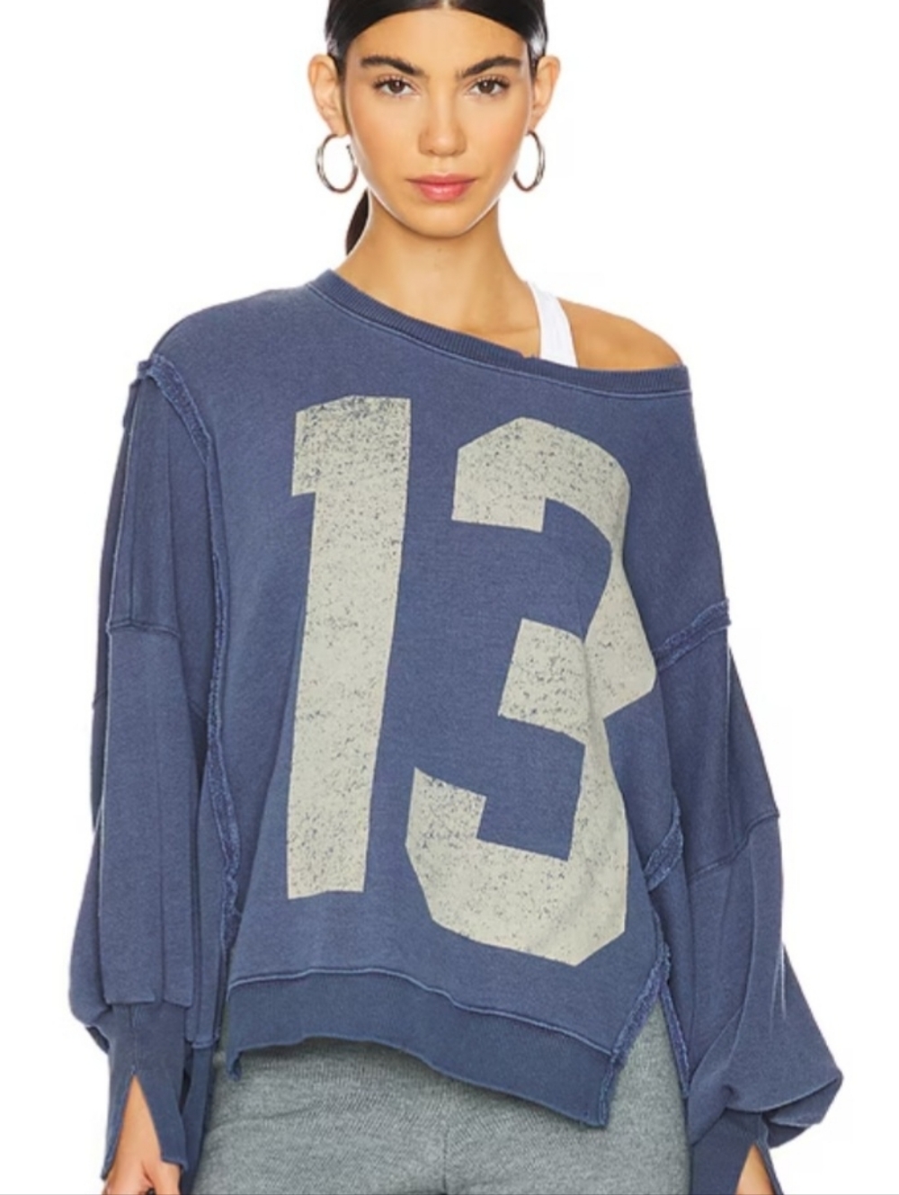 Free People Oversized Navy Sweatshirt with '13' Graphic